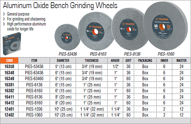 TRUPER PIES-6160 6 Aluminum Oxide Bench Grinding Wheels Grit=36 1 Pack Arbor=1 Thickness=1 